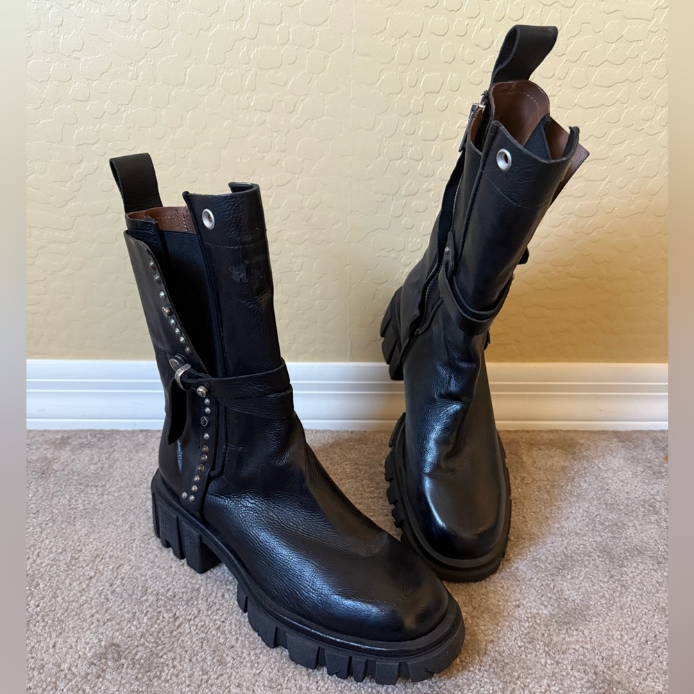 A.S. 98 Hallsey Lug Sole Studded Black Leather Women's Boots